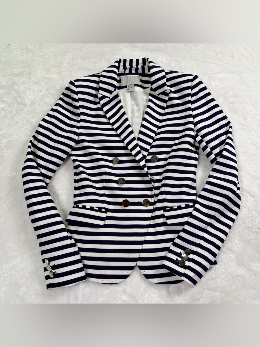 H&M Navy and White Striped Double-Breasted Blazer, nautical Y2K early 2000’s